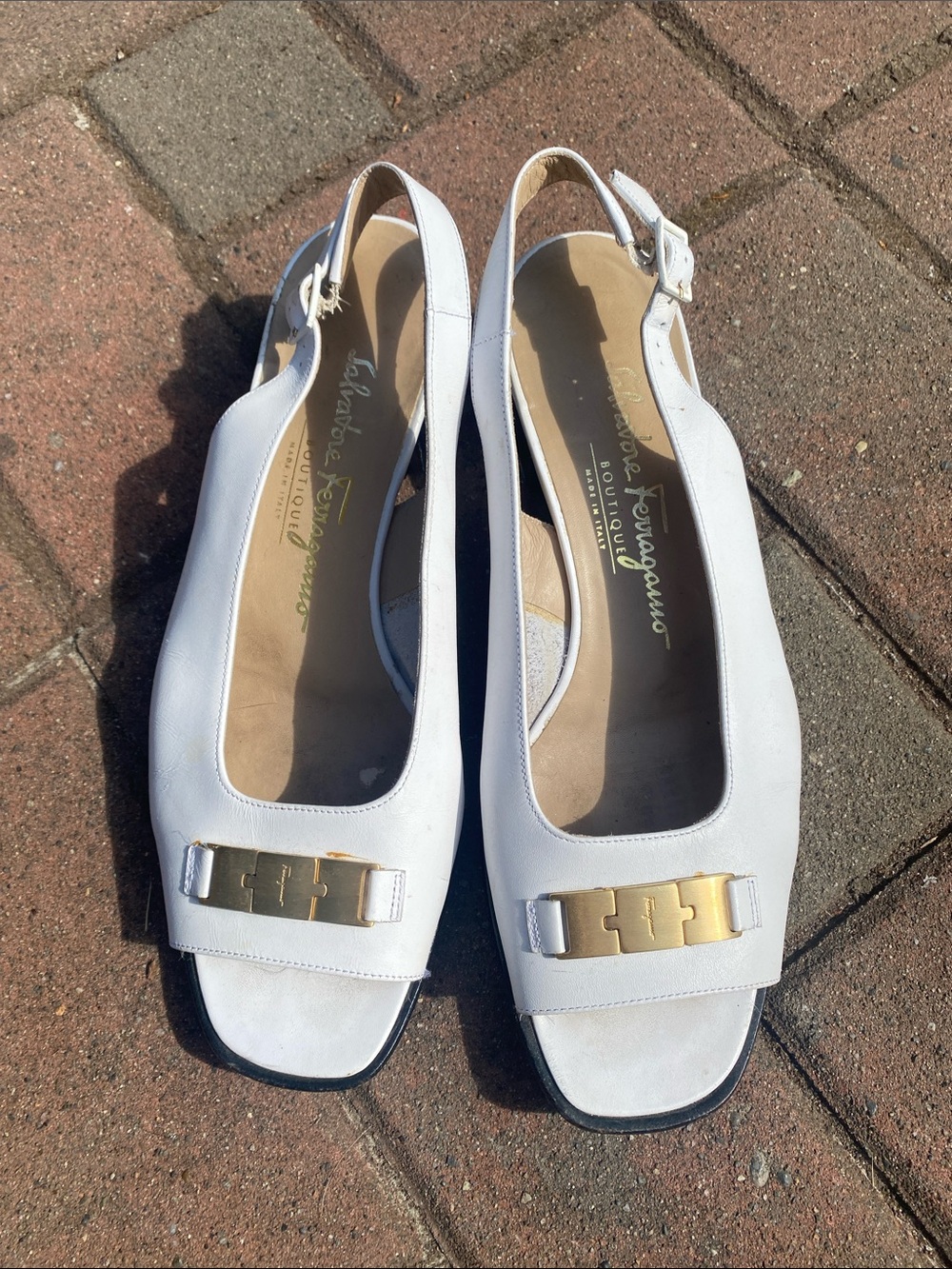 Ferragamo sandals white with brass buckle